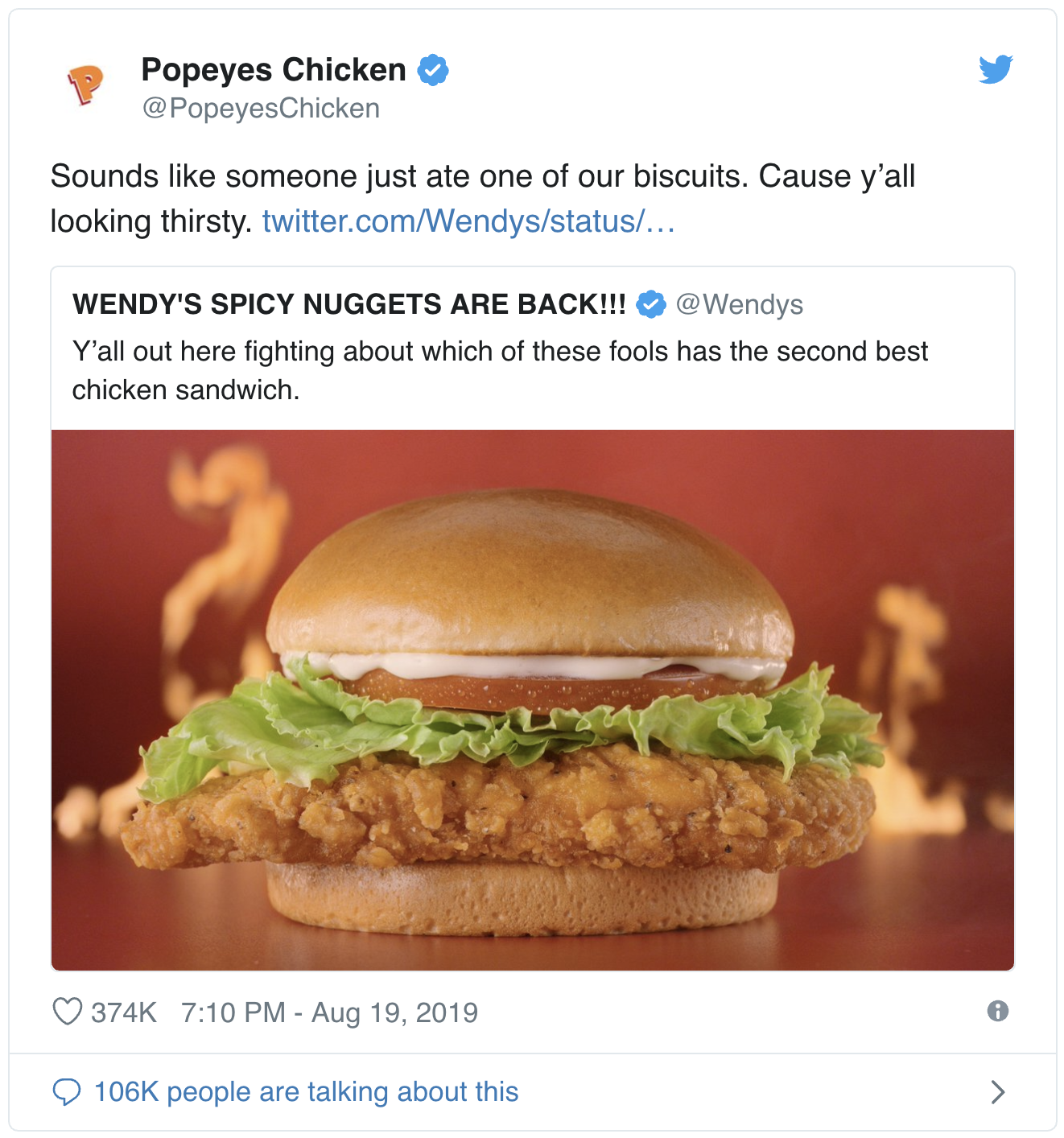 Popeyes Twitter response to Wendy's