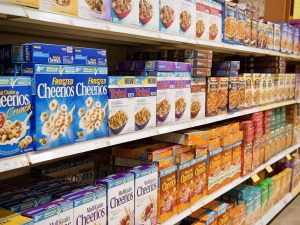 cereal aisle in grocery store